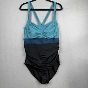 NWT Bloomchic 18 20 2X Colorblock Twist Front Ruched One Piece Swimsuit Teal
